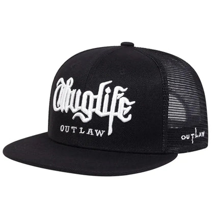 Black trucker cap with white text on a white background