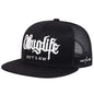 Black trucker cap with white text on a white background