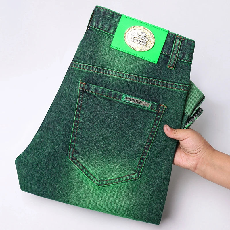 Emerald Green Jeans High-End Embroidery Slim Straight Denim Pants