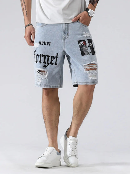 Person wearing light blue denim shorts with text and graphics on a white background