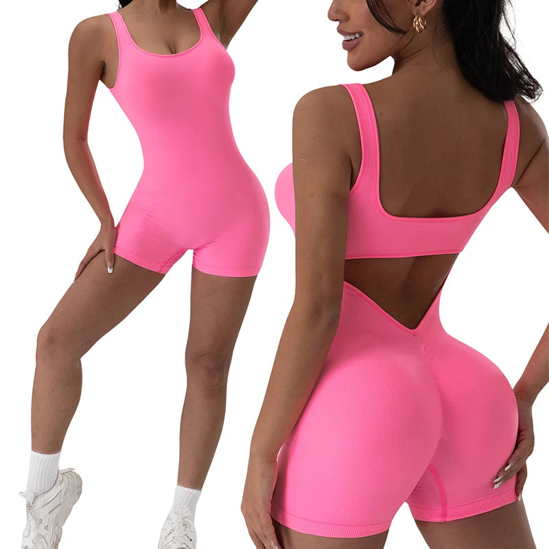 1 STÜCK Rückenloses Yoga-Set U-Ausschnitt Ärmelloser Sport-Jumpsuit Einfarbig Gerippt Stretch Damen Bodysuit Ohne Brustpolster