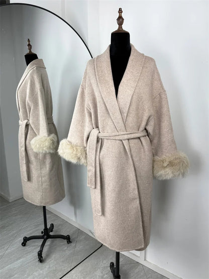 Tossy Fox Fur Wool Overcoat Women's Short Coat Office Lady Elegant Double-sided Woolen Coat 2025 New Cardigan Jackets Loose Wool