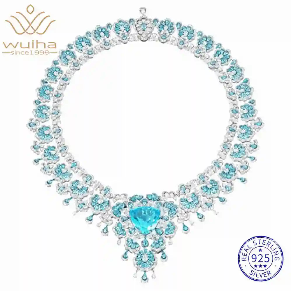 100% 925 Sterling Silver Lab Sapphire Paraiba High Carbon Diamonds Gemstone Pendants Necklace