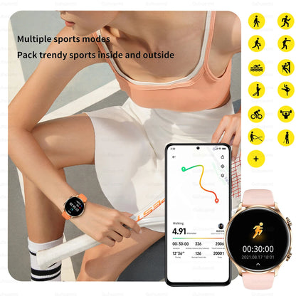 Person using a smartphone with fitness app and smartwatch, surrounded by icons for different sports activities.