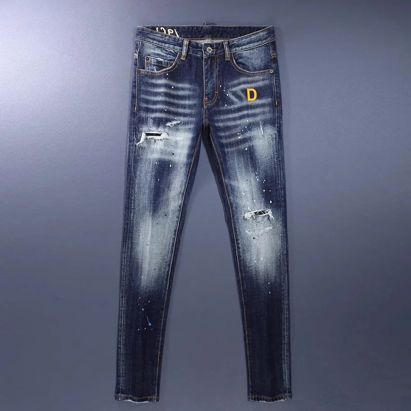Men's Scratch Paint Jeans – Washed Slim Hip-Hop Blue