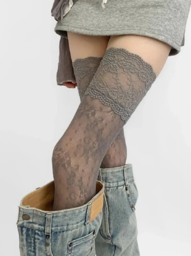 Women's Sexy Lace Floral Fishnet Thigh High Stockings | JK Lolita Over Knee Nylon Mesh Socks