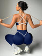 Cross-border New Arrival European and American Sexy Backless Sports Bra Thong High-waisted Colorblock Outdoor Yoga Leggings Wome