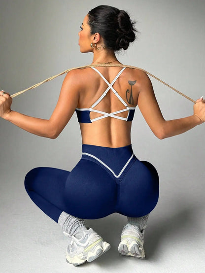 Cross-border New Arrival European and American Sexy Backless Sports Bra Thong High-waisted Colorblock Outdoor Yoga Leggings Wome
