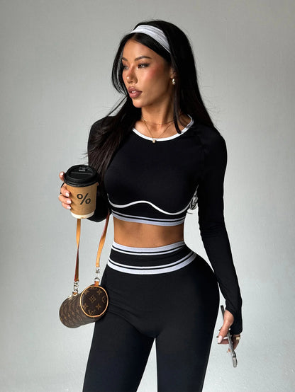 Autumn and winter sports yoga sets, women's round-neck long-sleeved tops and tight-fitting trousers, outdoor fitness yoga wear