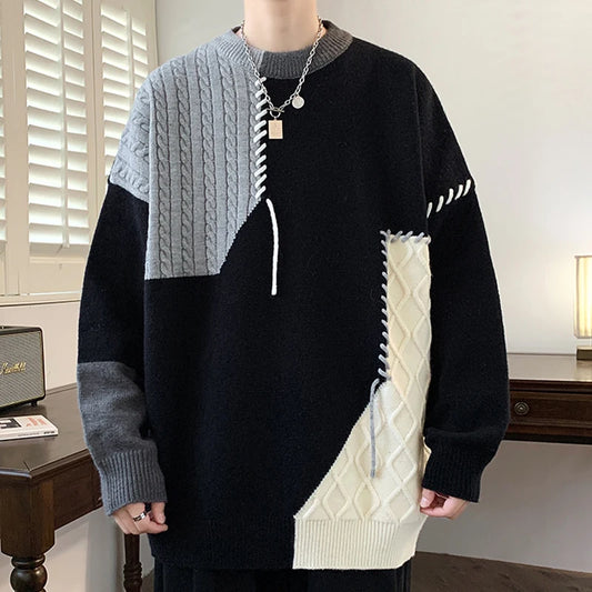 Hochwertige Patchwork-Strickwaren Herren Locker sitzend Winter Neuheiten Freizeit Polyesterfaser Langarm Rundhals
