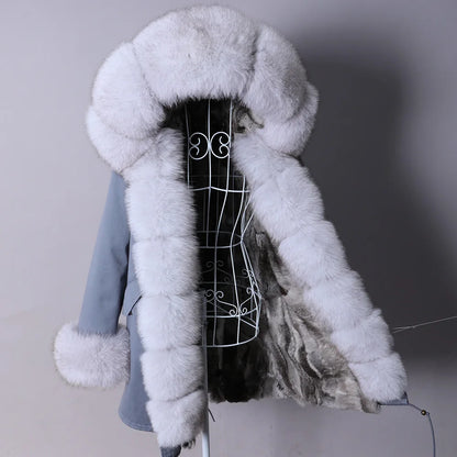 MAOMAOKONG 2023 Abnehmbarer Echtfuchs Pelzkragen Mäntel Damen Winterjacke Kapuze Kaninchenfellfutter Lange Parkas Damenbekleidung