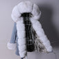 MAOMAOKONG 2023 Abnehmbarer Echtfuchs Pelzkragen Mäntel Damen Winterjacke Kapuze Kaninchenfellfutter Lange Parkas Damenbekleidung
