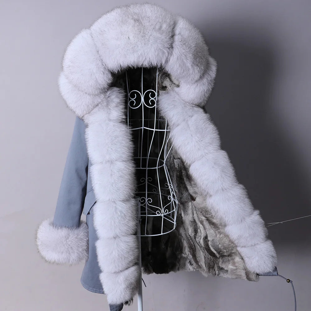 MAOMAOKONG 2023 Abnehmbarer Echtfuchs Pelzkragen Mäntel Damen Winterjacke Kapuze Kaninchenfellfutter Lange Parkas Damenbekleidung