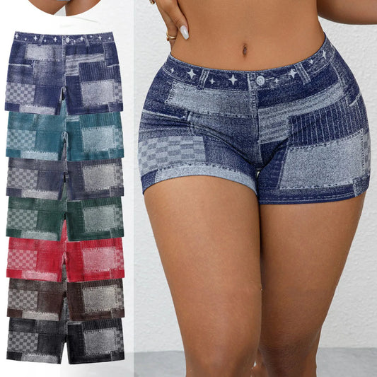 Denim shorts with patchwork design on a white background