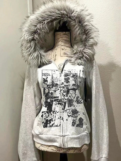 Subculture Gothic Women Coats with Hoodies Vintage Black Jackets Faux Fur Coat Female Loose Casual Sweatshirt