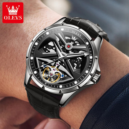 Luxury watch with visible mechanism on a wrist, brand 'OLEVS' displayed.