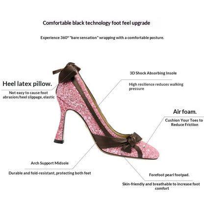 Sequin Ribbon Bow Square Toe High Heels