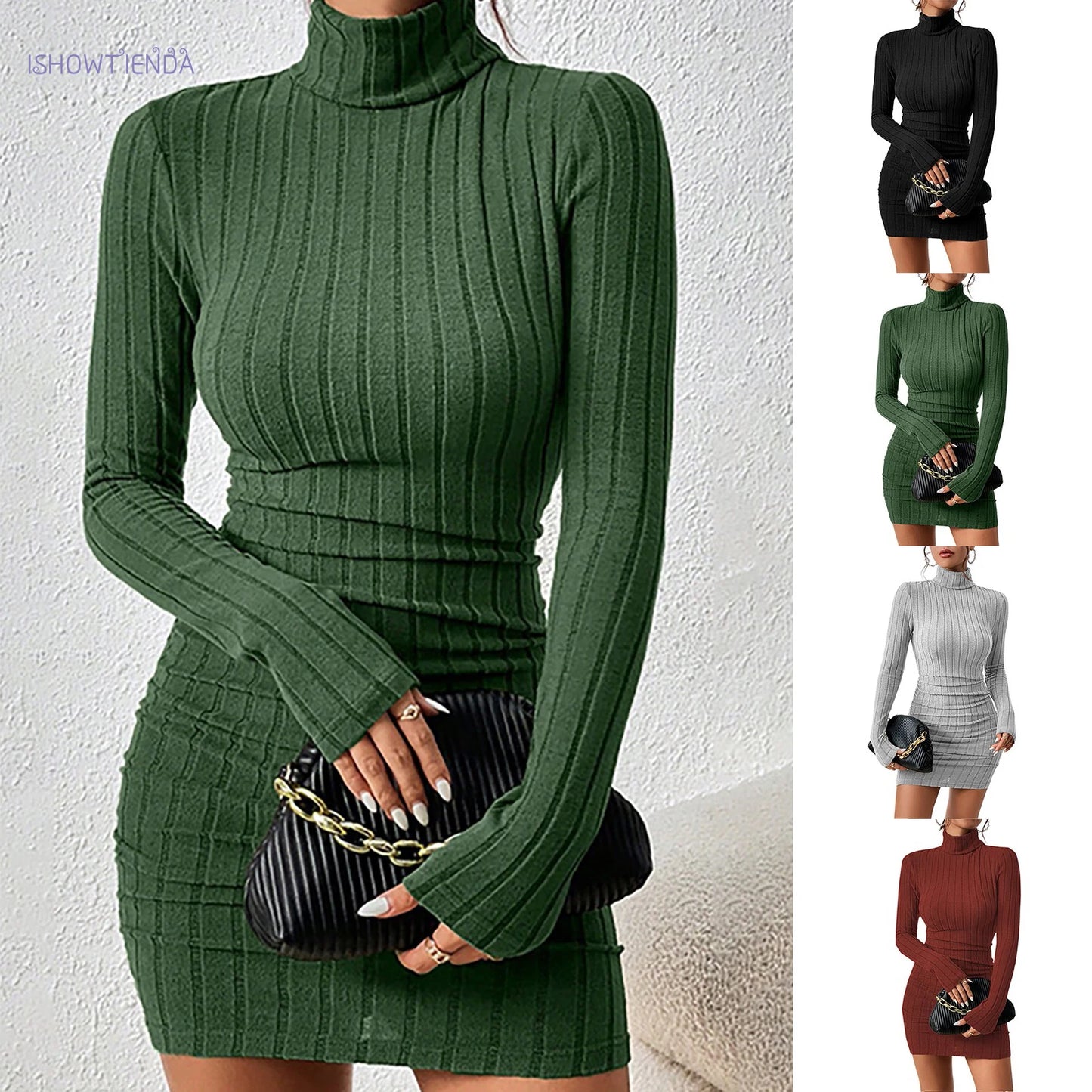 Strick-Unterkleid Damen Elegant Party Herbst Winter Rollkragen Langarm Sexy Etui Mini Kleider Enges Clubkleid