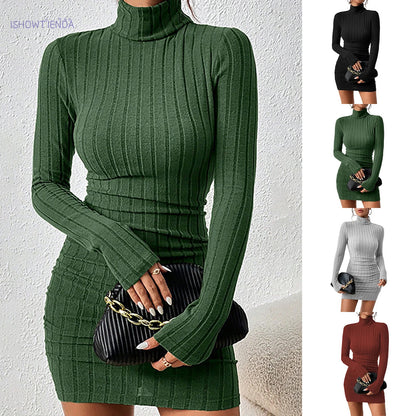 Strick-Unterkleid Damen Elegant Party Herbst Winter Rollkragen Langarm Sexy Etui Mini Kleider Enges Clubkleid