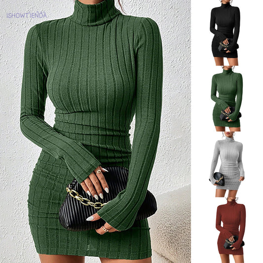 Strick-Unterkleid Damen Elegant Party Herbst Winter Rollkragen Langarm Sexy Etui Mini Kleider Enges Clubkleid