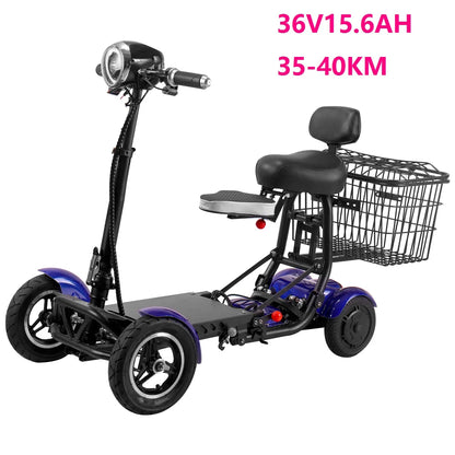 Three-wheeled electric scooter with a basket on a white background, featuring battery specifications.