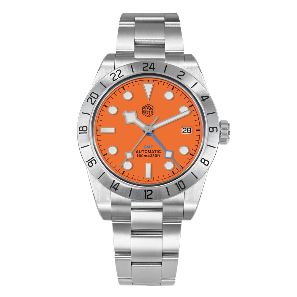 Watch with orange dial and silver case on a white background