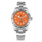 Watch with orange dial and silver case on a white background