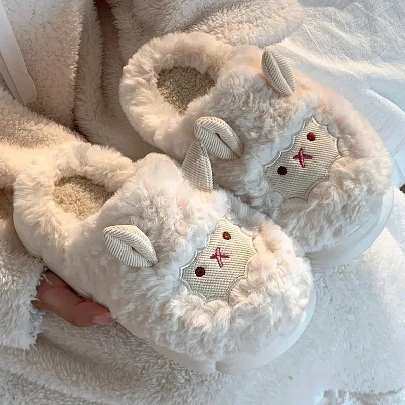 Winter Cartoon Plush Slippers Warm Fluffy Faux Fur Sheep Design Indoor Home Couple Cotton Slippers for Men And Women