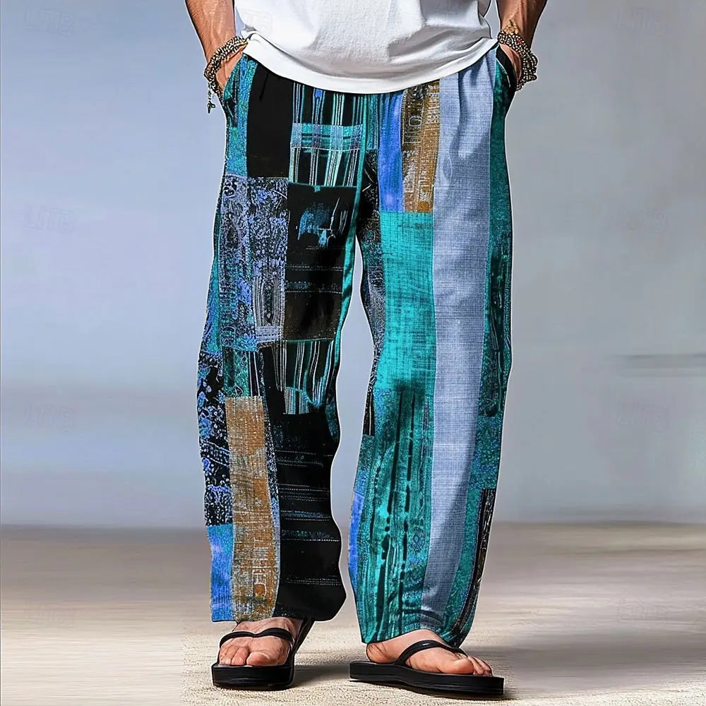 Men's Color Block Patchwork Pants Trousers Mid Waist Drawstring Elastic Waist Hawaiian Casual Outdoor Straight Leg Trousers