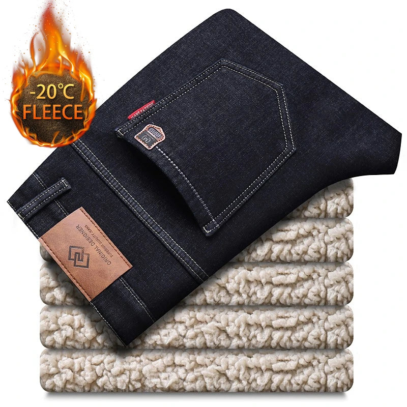 Men Jeans Winter Lamb Fluff Denim Straight Pants Thicken Big Size Jean High Waist Stretch Jeansy Fleece Lined Warm Slim Vaqueros