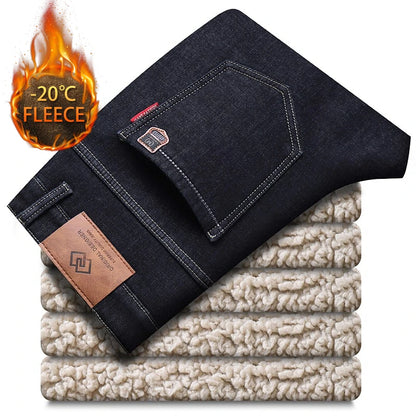 Men Jeans Winter Lamb Fluff Denim Straight Pants Thicken Big Size Jean High Waist Stretch Jeansy Fleece Lined Warm Slim Vaqueros