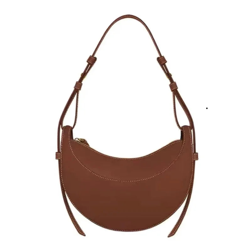 2025 French fashion genuine leather women's shoulder bag, crescent bag, niche design zipper closure shoulder crossbody bag