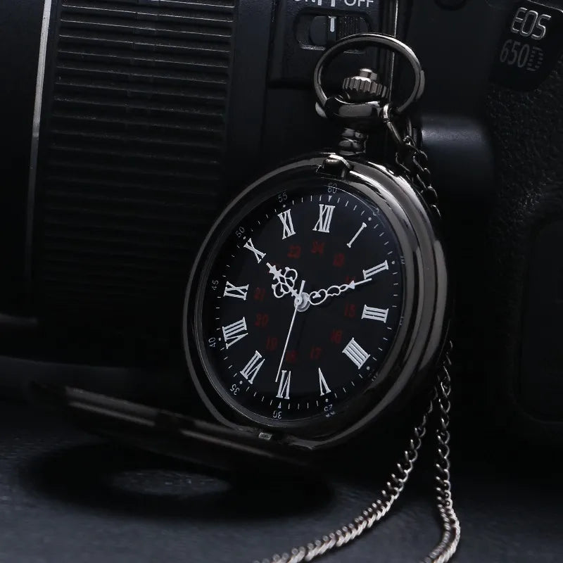 Vintage Charme Schwarz Unisex Mode Römische Ziffer Quarz Steampunk Taschenuhr Damen Herren Halskette Anhänger mit Kette Geschenke P427