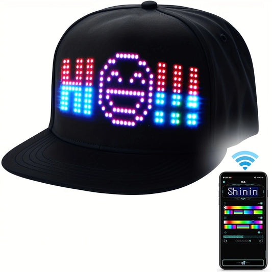 Black LED cap with colorful display and smartphone app for control on a white background