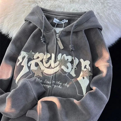 Mode Stickerei Reißverschluss Hoodies Damen Herbst Langarm Tops Locker Kapuzenpullover Kleidung Weiblicher Sweatshirt Jacke