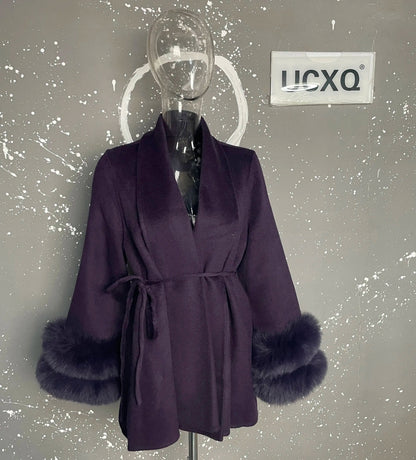 UCXQ Eleganter OL Business-Mantel Pelz-Patchwork Langarm Wollmantel Schöne Damenbekleidung Jacke Herbst 2025 Winter