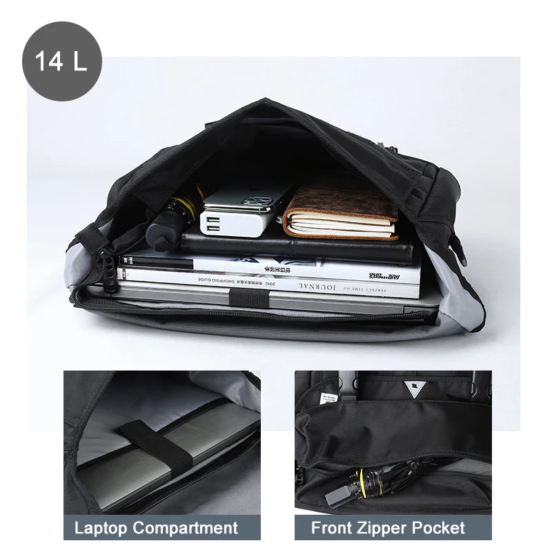 Black backpack with compartments and items inside on a white background