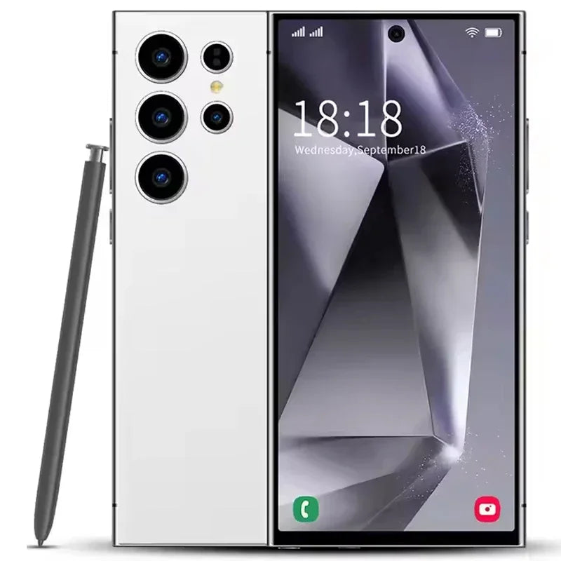 Smartphone with stylus on a white background