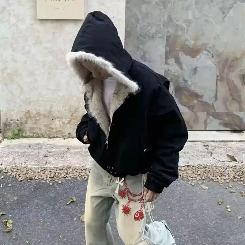 Winter Warm Clothing Men Women Retro Simple Plush Coat Sportswear New Loose Hooded Cotton Jacket Punk Fur Collar Jacket Couple