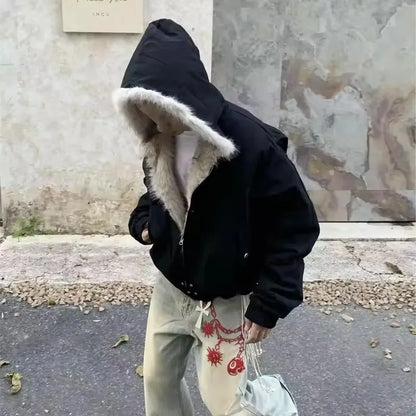 Winter Warm Clothing Men Women Retro Simple Plush Coat Sportswear New Loose Hooded Cotton Jacket Punk Fur Collar Jacket Couple