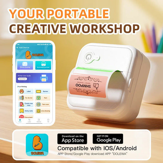 Portable creative workshop device with app on smartphone and branding elements.