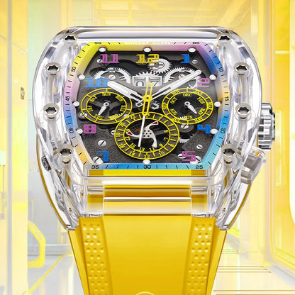 Luxury watch with a transparent case and yellow strap on a bright yellow background