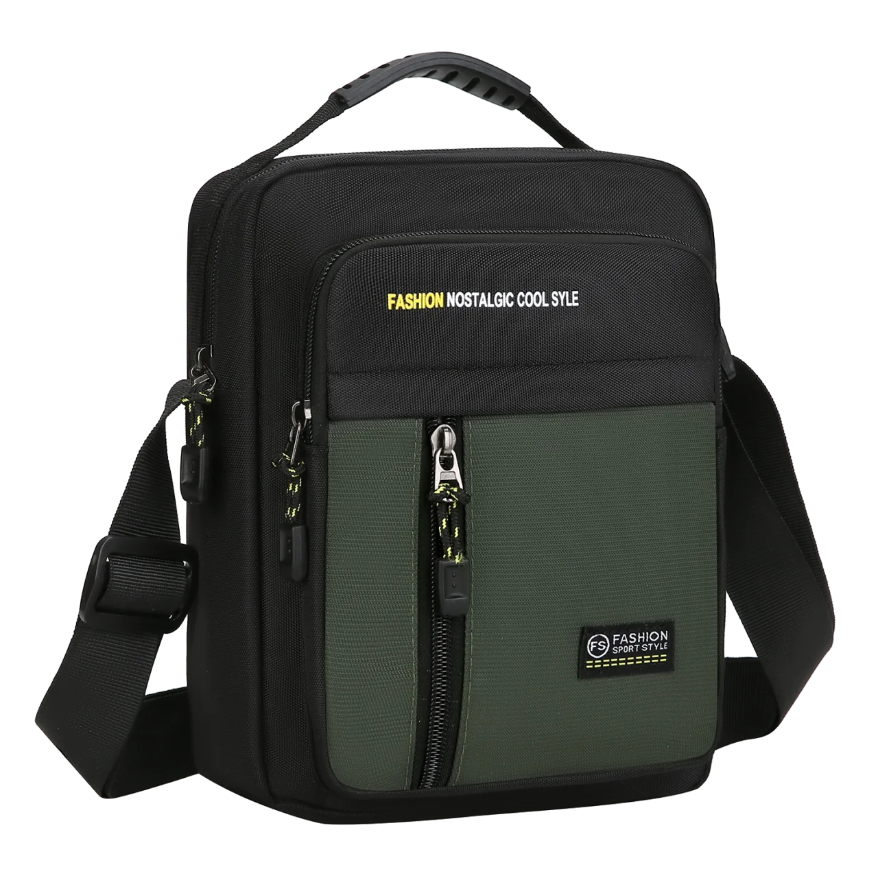 Black and green shoulder bag with visible branding on a white background