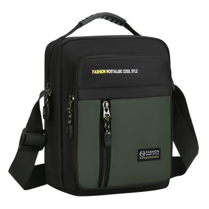 Black and green shoulder bag with visible branding on a white background