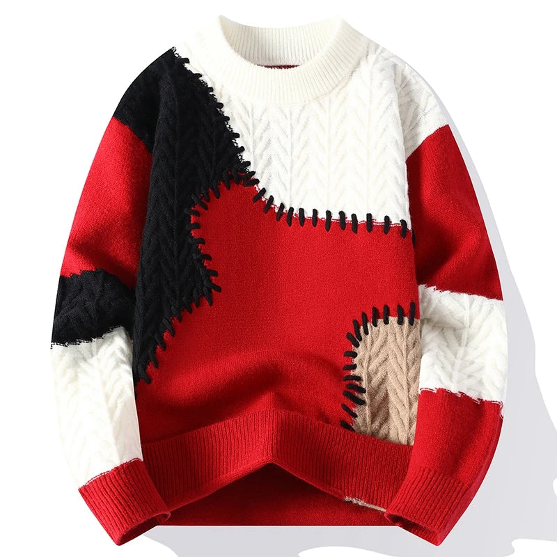Korean Street Patchwork Knitwear Fashionable Men Sweater Stitching Contrast Long-sleeved Sweaters Christmas Knit Pullover