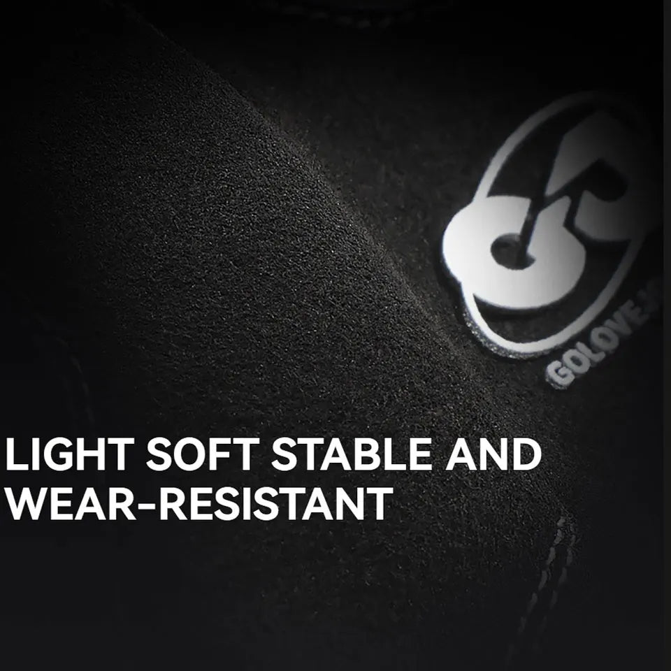 Close-up of a black fabric surface with a logo and text about material properties.