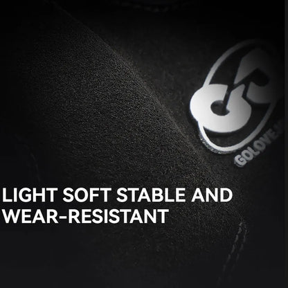 Close-up of a black fabric surface with a logo and text about material properties.