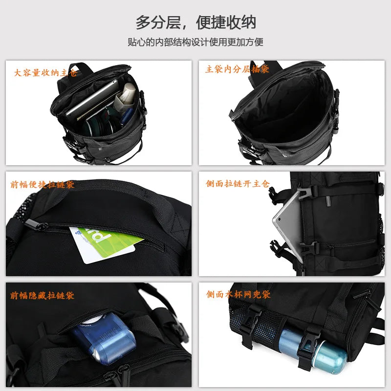 Black backpack with various compartments and features displayed in a grid format.