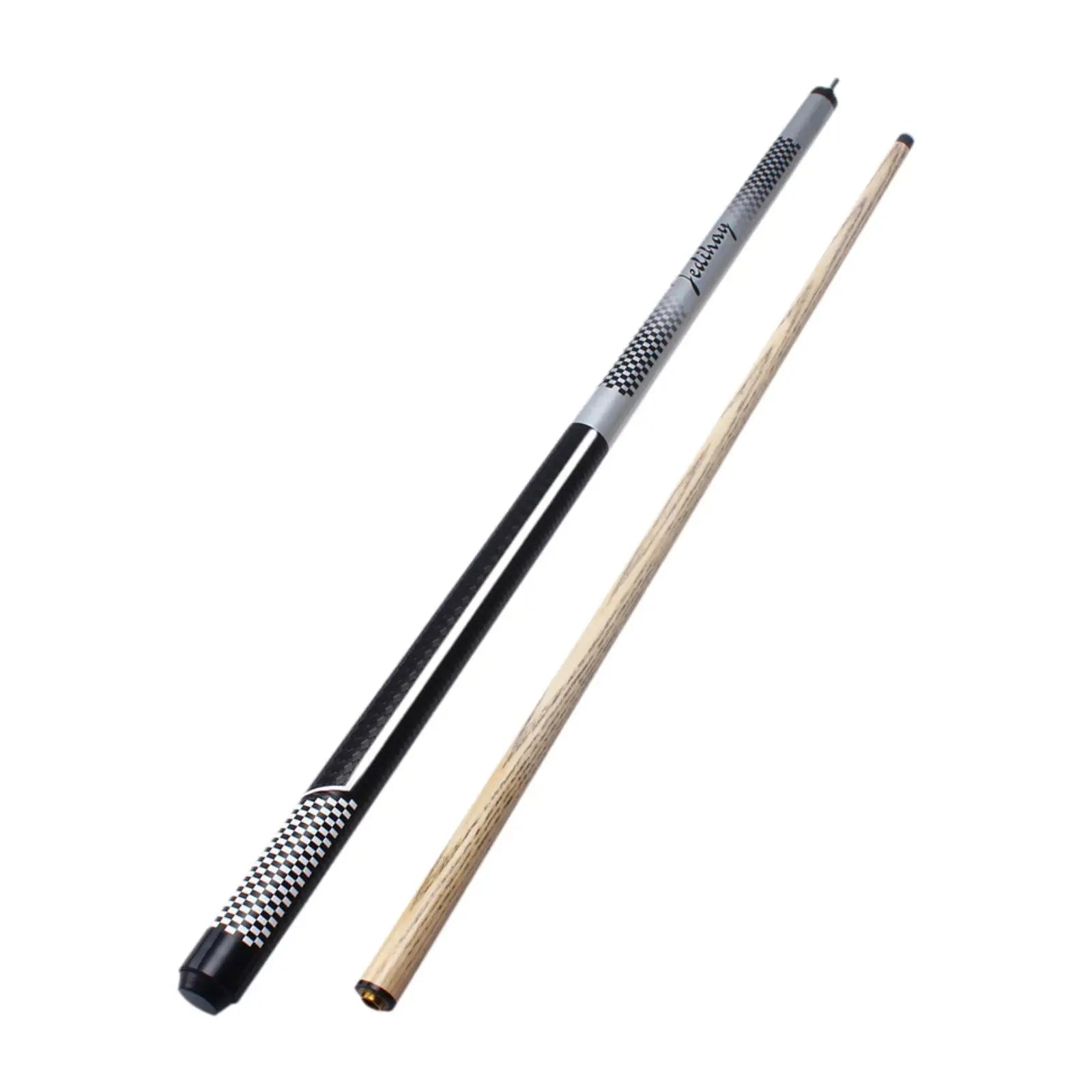Two pool cues, one black and one with a natural wood finish, on a white background.