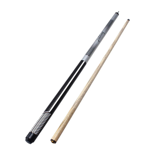 Two pool cues, one black and one with a natural wood finish, on a white background.